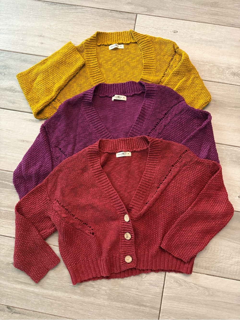 NATURAL LIFE Button-Front Cropped Cardigan Trio - Mustard, Purple, Rust
